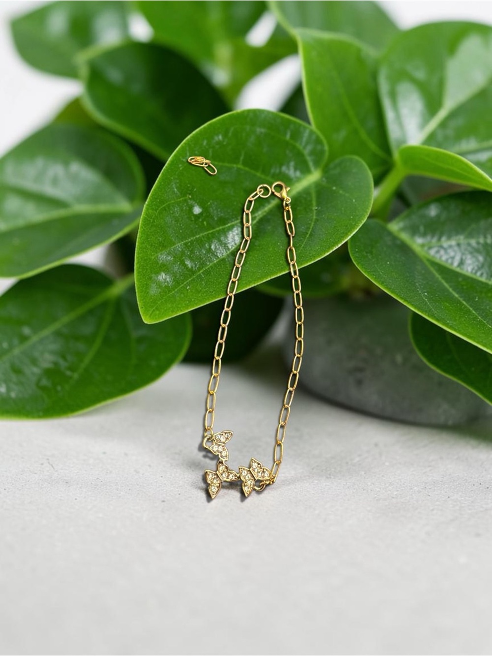 Gold Plated Leaf Link Bracelet with Crystal Accents